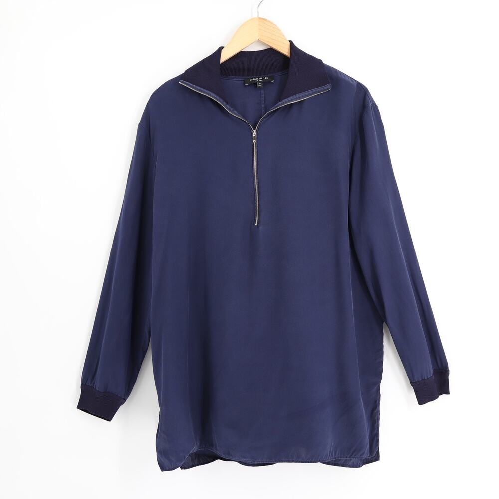 Lafayette 148 Sz XL Silk Tunic Blouse Zip Navy Long Sleeve Luxury Lightweight